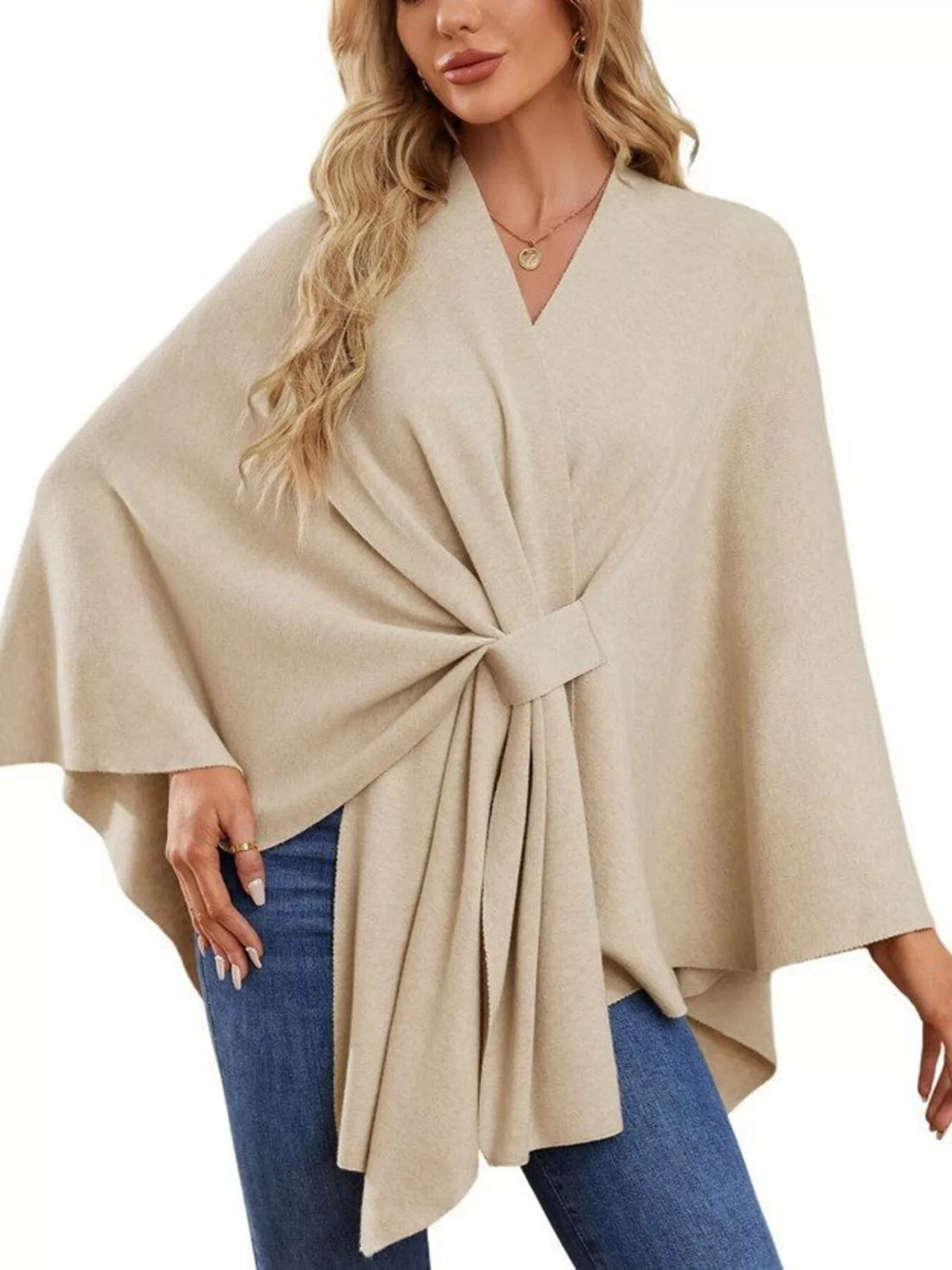 Ivory shawl cape with front knot tie and flowing cape sleeves