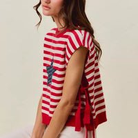 Red and ivory striped sleeveless vest top with navy star patch and side tie tassels