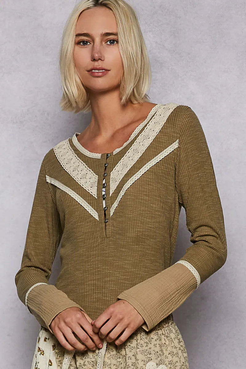 Olive ribbed knit top with half-button front and contrast white V lace trim