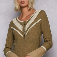 Olive ribbed knit top with half-button front and contrast white V lace trim
