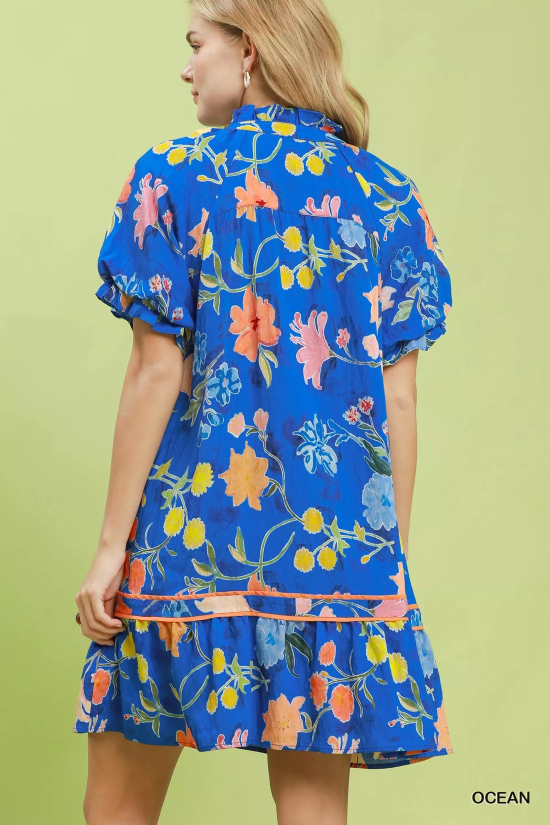 Blue floral mini dress, back view, tiered ruffle hem