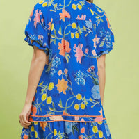 Blue floral mini dress, back view, tiered ruffle hem