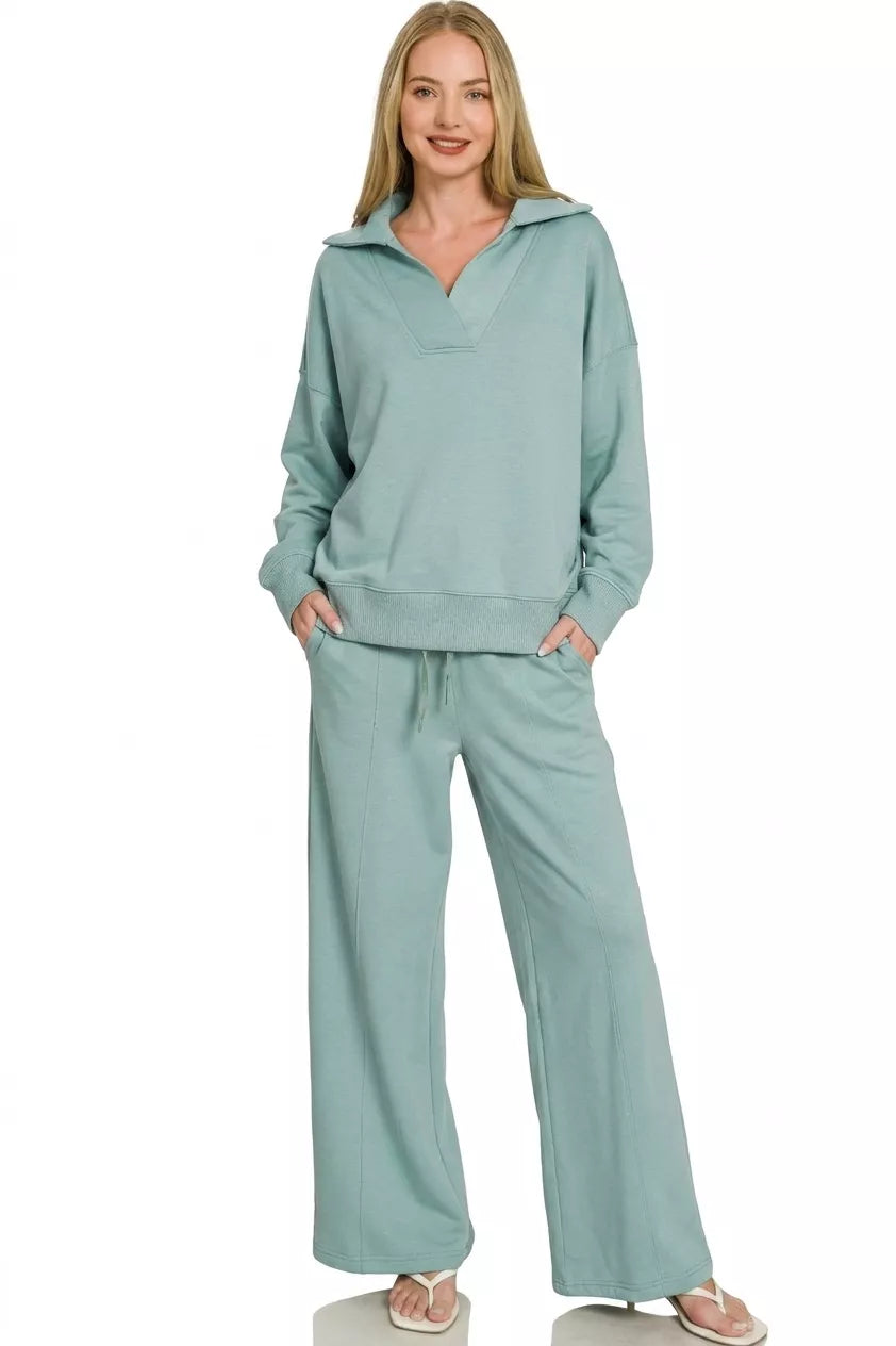 Blue grey collared pullover with cuffs and wide-leg center-seam pants set