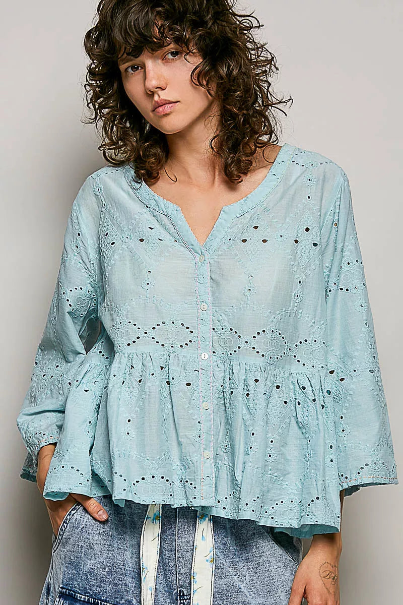 Aqua cotton eyelet peplum button-front shirt with V-neck and peplum waist