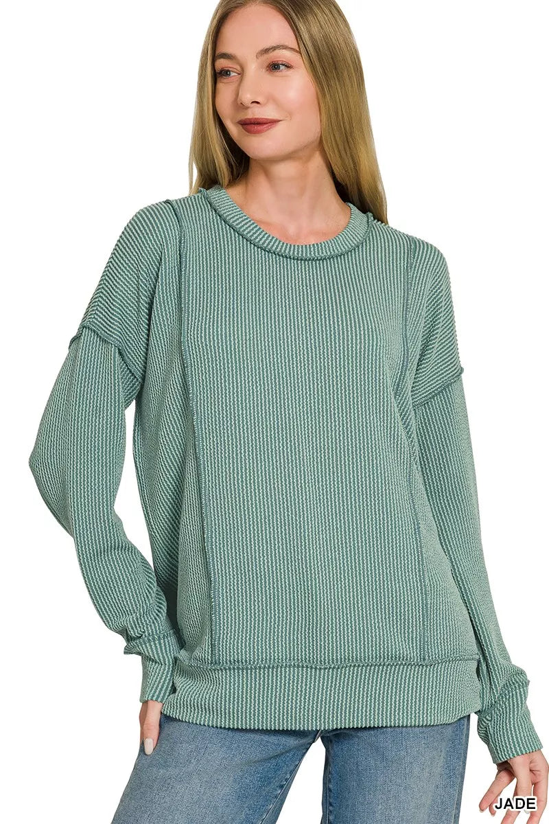 Jade corded rib long-sleeve top with crew round neck, ribbed cuffs and hem