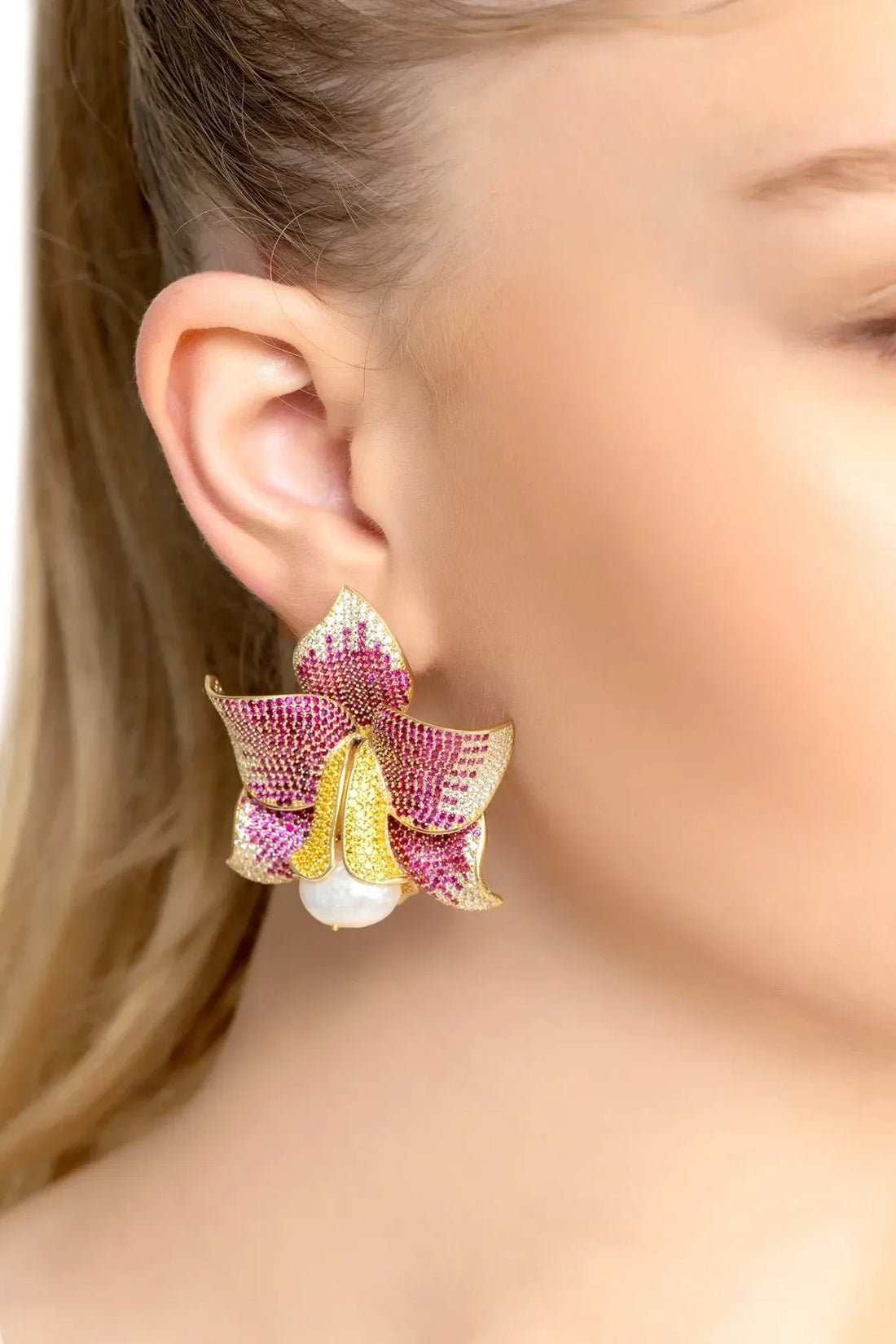 Daffodil With Pearl Earrings Gold Ruby CZ-1