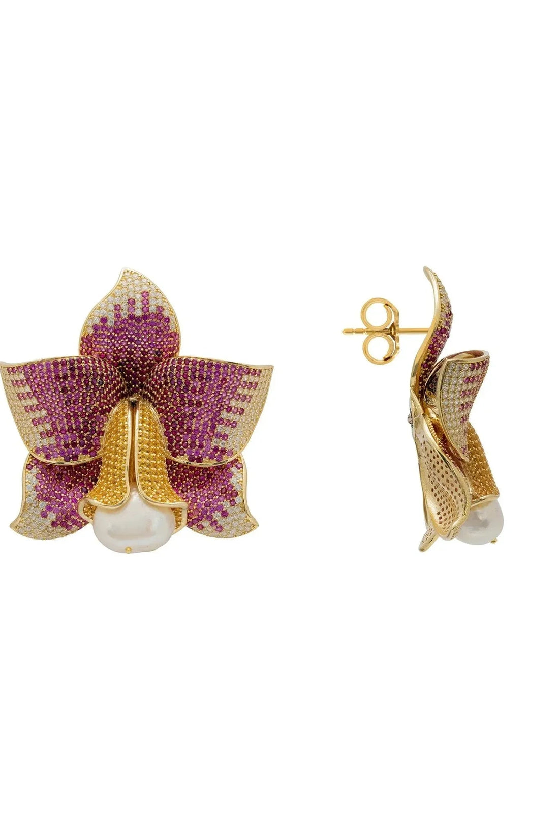 Daffodil With Pearl Earrings Gold Ruby CZ-3