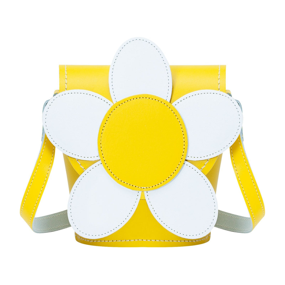 Handmade leather daisy barrel bag in pastel yellow with white petal appliqués