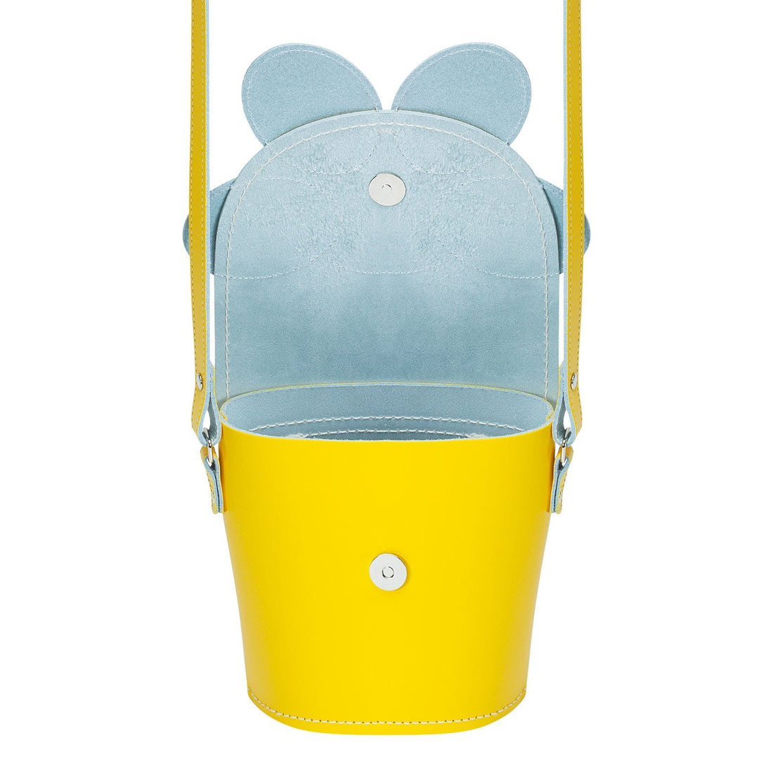 Pastel yellow leather barrel bag with light blue interior lining and ear-shaped top