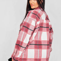 Plaid shacket for women in pink and white with button front and long sleeves