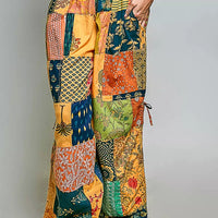 Printed patchwork wide-leg pants in honey multi, with adjustable side drawstring