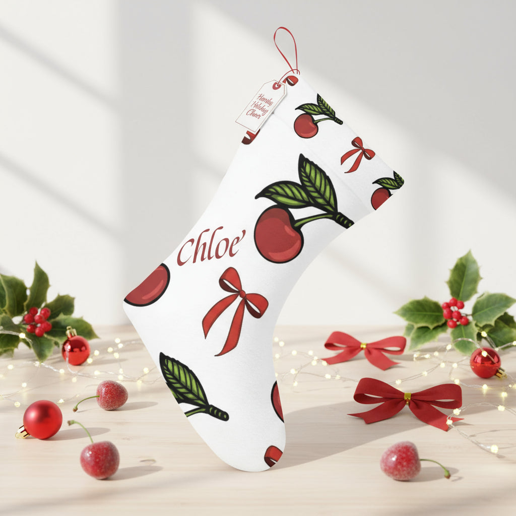 Christmas Stocking Personalised, Cherry Bow Print, Personalized Santa Sack, Holiday Decor