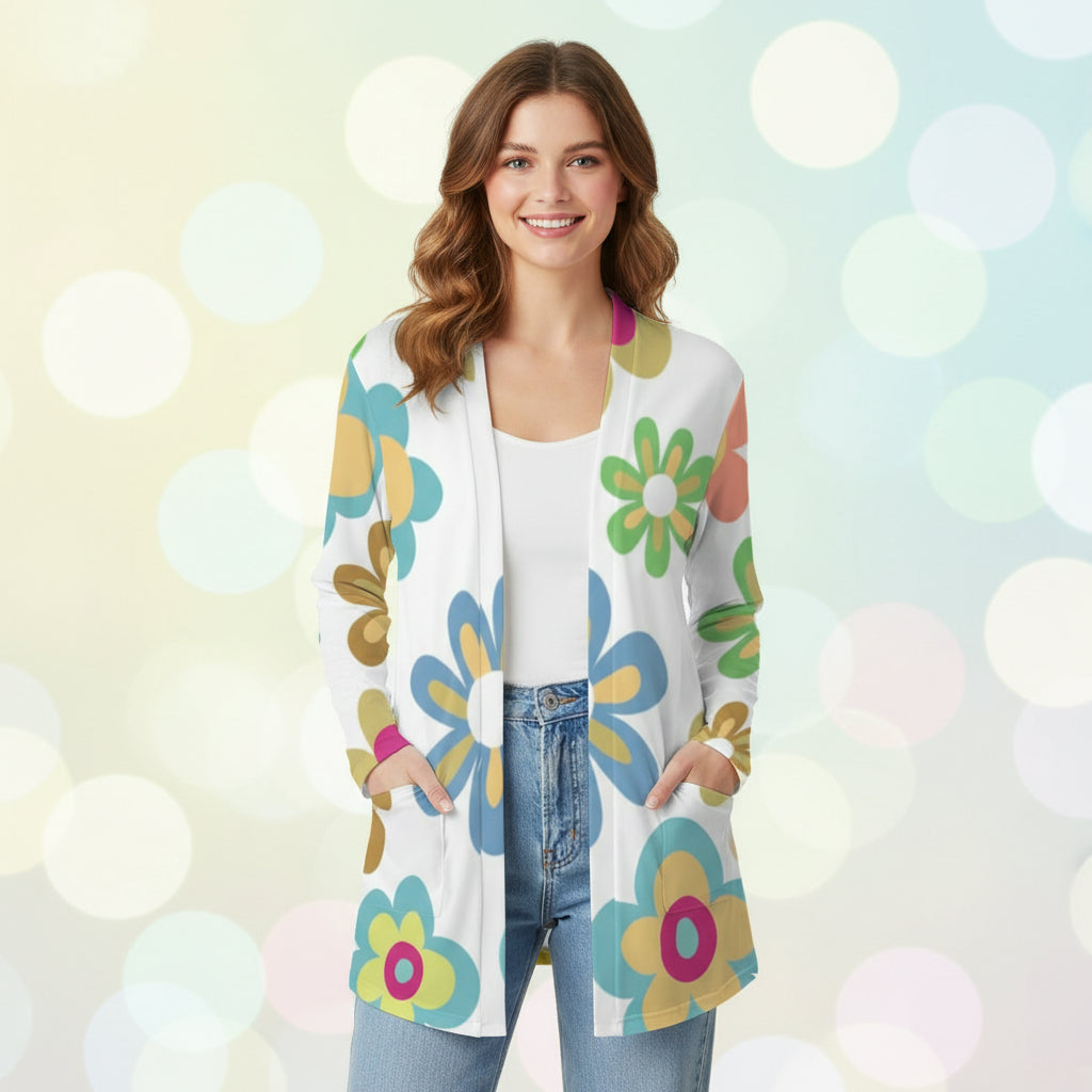 White Multicolor Cardigan Floral Print, Flower Pattern Sweater (S-2XL)