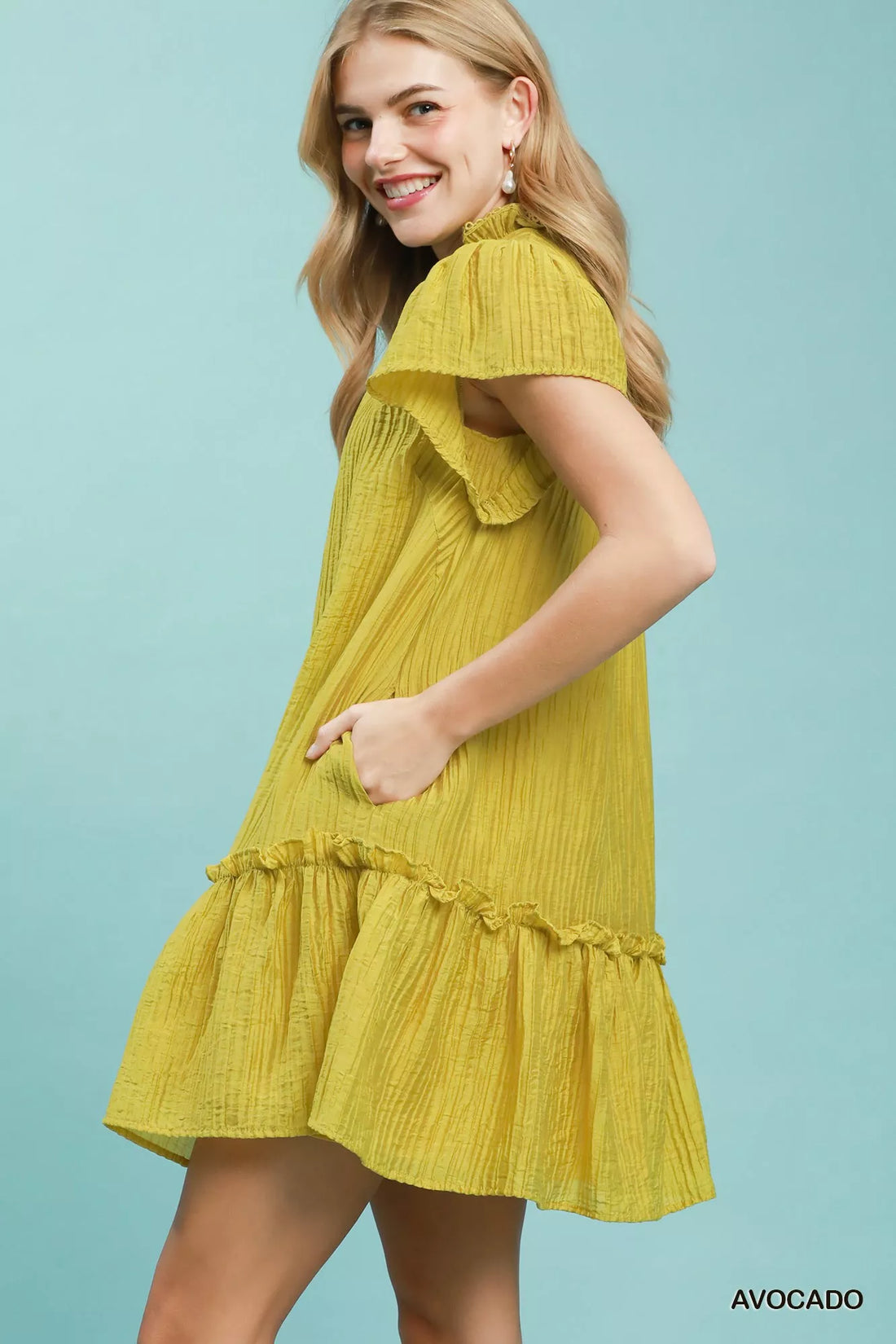 Avocado textured mini dress with cap sleeves and tiered ruffle skirt hem