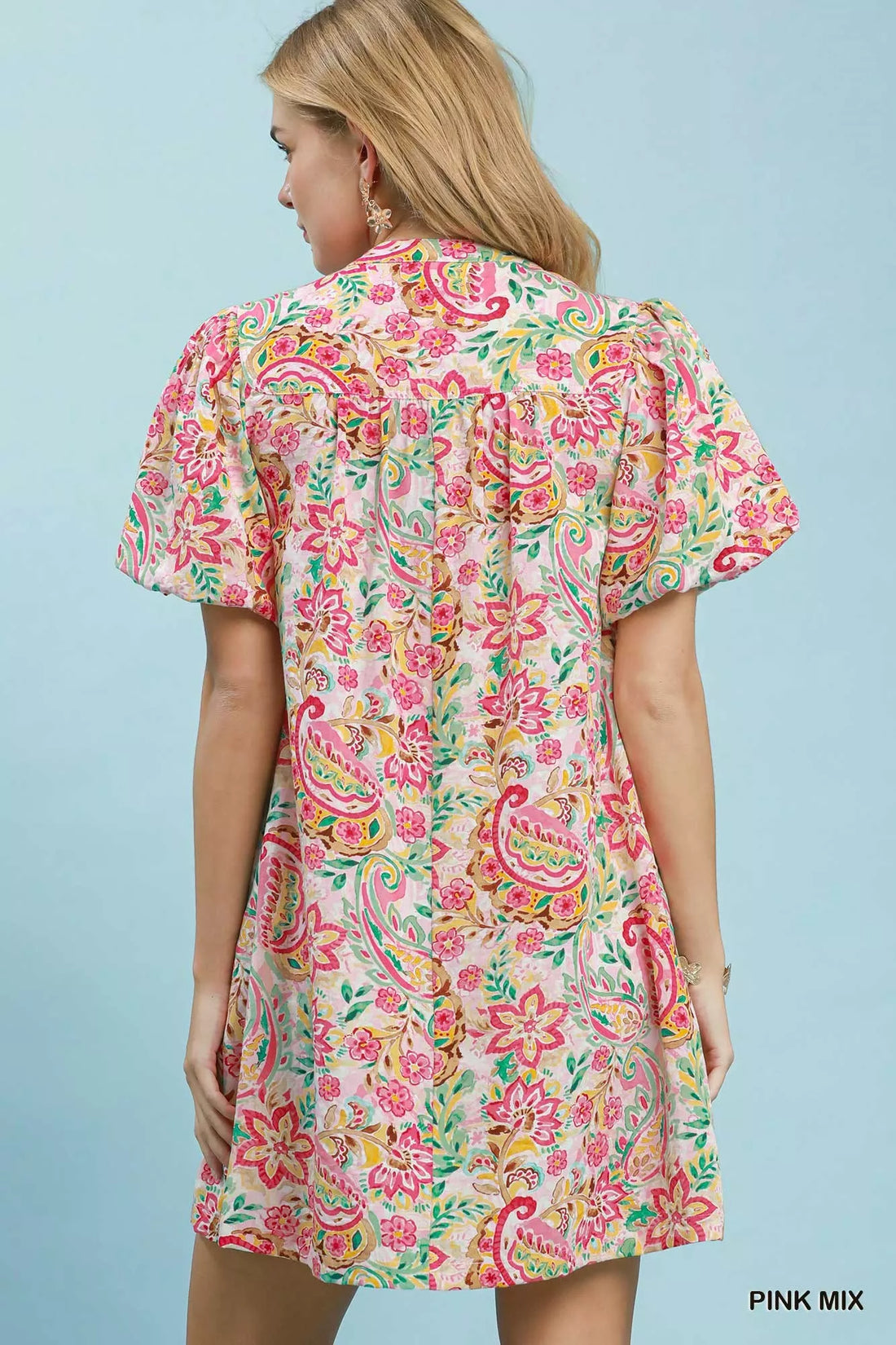 Pink mix paisley floral shift dress with puff sleeves, back view