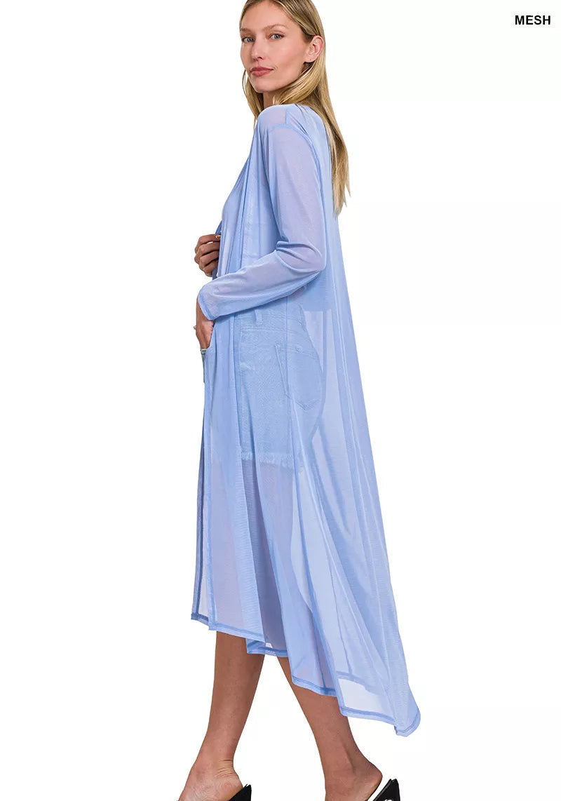 Light blue mesh open-front long cardigan, draped silhouette with long sleeves