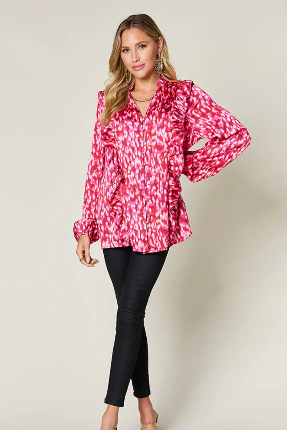 Hot pink printed plus size shirt with V-neck and ruffle-trim balloon sleeves