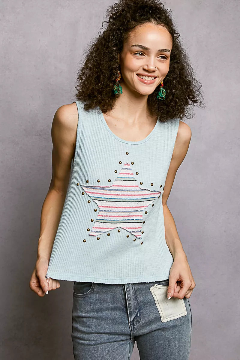 Light blue ribbed tank top with striped star stud patch and round neckline