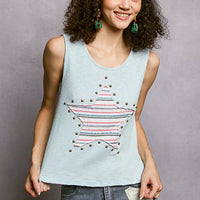 Light blue ribbed tank top with striped star stud patch and round neckline