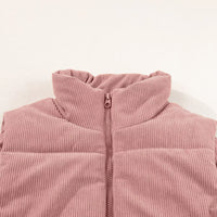 Dusty pink corduroy puffer vest hoodless stand collar with front zipper.