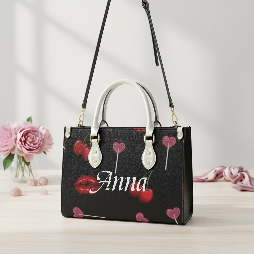Black Leather Tote Bag with Zipper | Personalized Cherry Lips PU Large Handbag