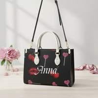 Black Leather Tote Bag with Zipper | Personalized Cherry Lips PU Large Handbag