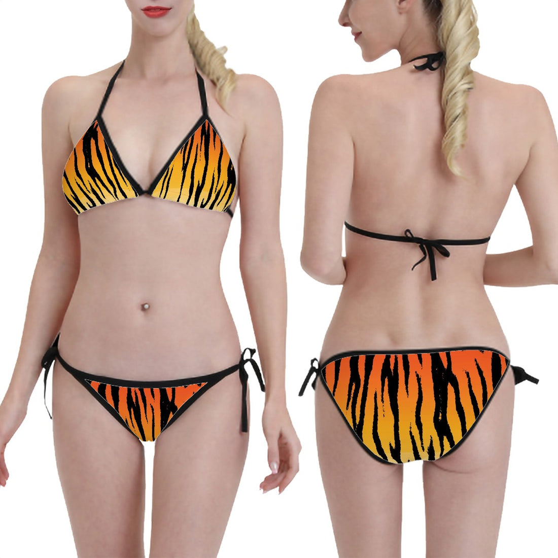 Triangle Bikini Set Vibrant Tiger Print Adjustable String Tie Swimwear