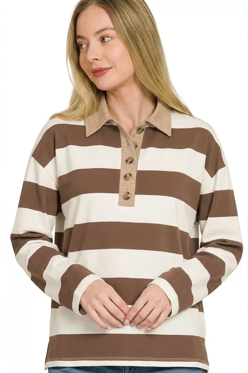 Brown and cream striped polo tee with open collar, button placket, long sleeves