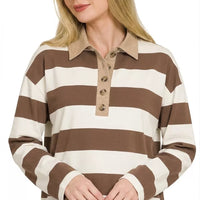 Brown and cream striped polo tee with open collar, button placket, long sleeves