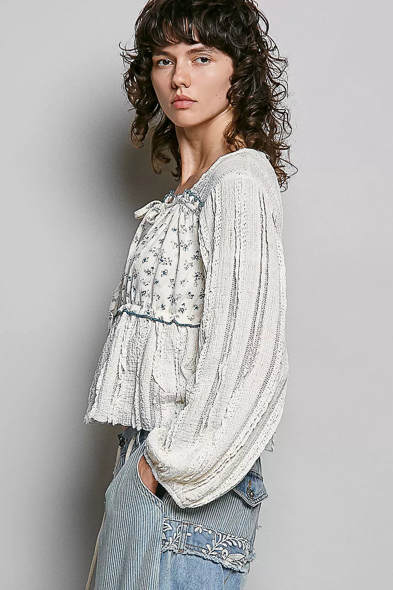 Cream lace square-neck top with blue-trim elastic waist and long balloon sleeves