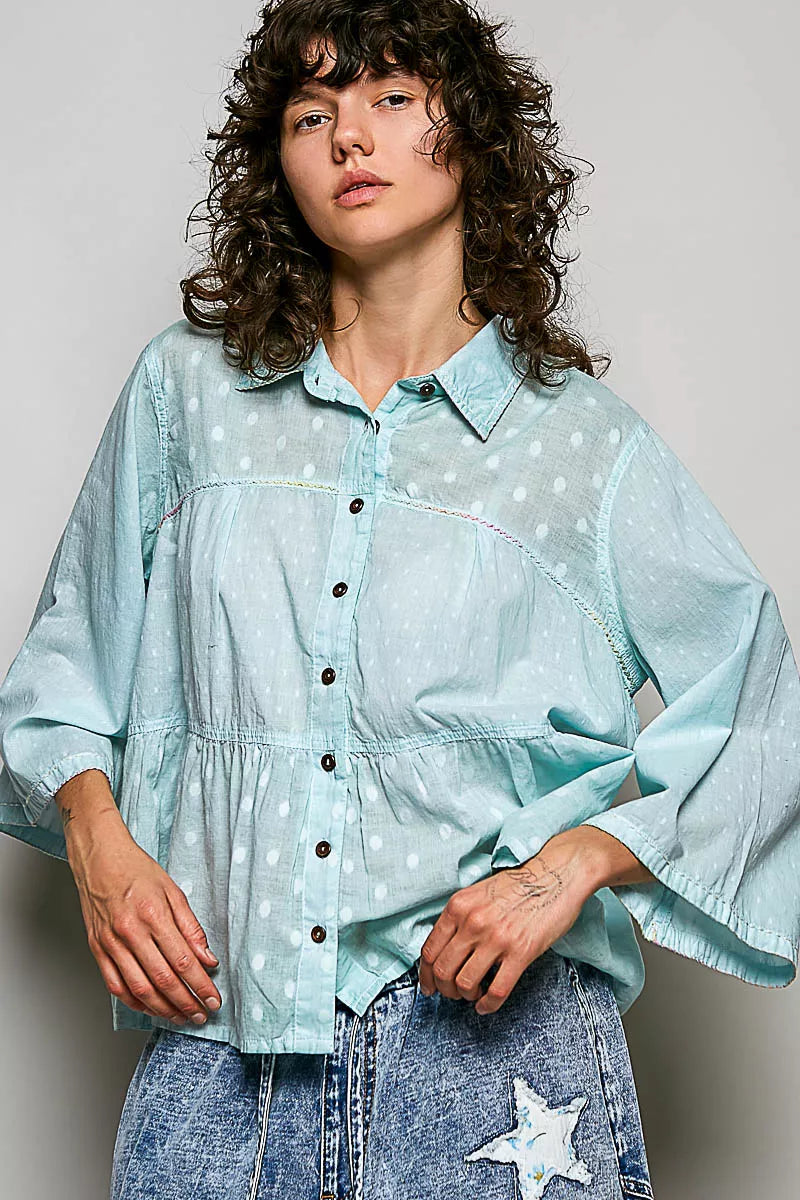 Aqua polka-dot textured button-front shirt with gathered waist and point collar