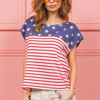 Navy star and red striped short-sleeve combo top with crew neckline, straight hem