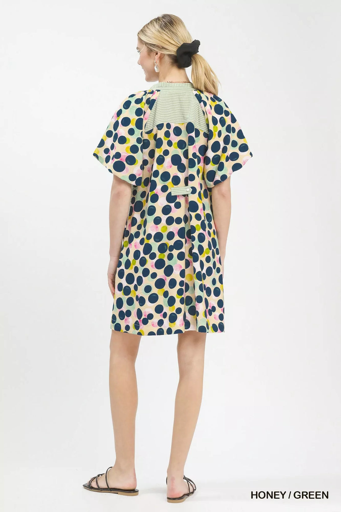 Back view polka dot tunic dress with belt tie, honey/green and navy pattern
