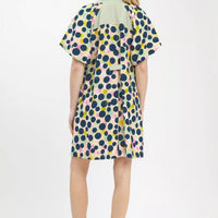 Back view polka dot tunic dress with belt tie, honey/green and navy pattern