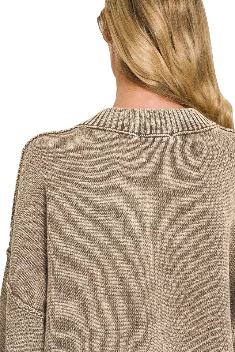 Brown washed oversized sweater back view with ribbed crew neckline and long sleeves