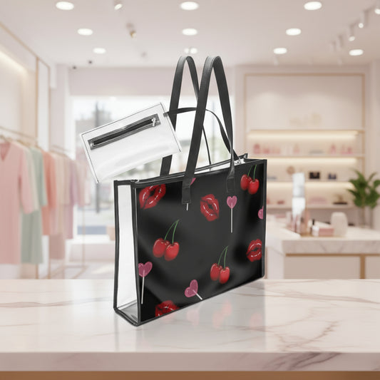 Clear Stadium Bag, Personalized Tote Handbag, Gift for Her, Fun Cherry Lips Custom PVC