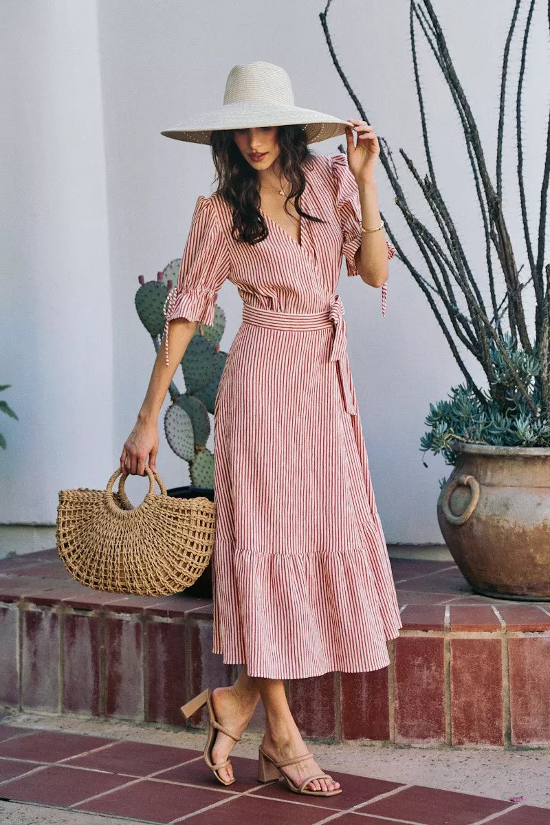 Red and white striped wrap midi dress with knotted belt and short puff sleeves