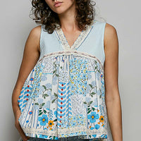 Light blue floral sheer V-neck tank with lace trim and gathered bust yoke.