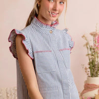Blue and white striped vest top with ruffled shoulders, high collar, and red piping