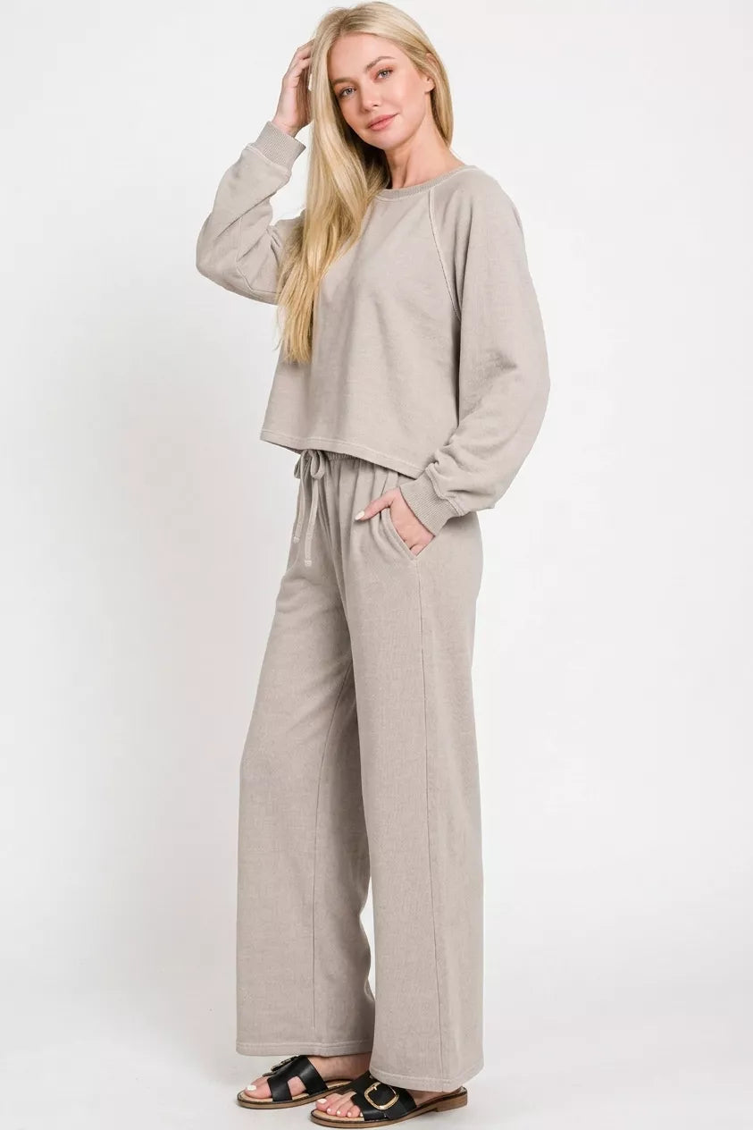 Ash mocha lounge set: long-sleeve pullover and relaxed straight-leg drawstring pants