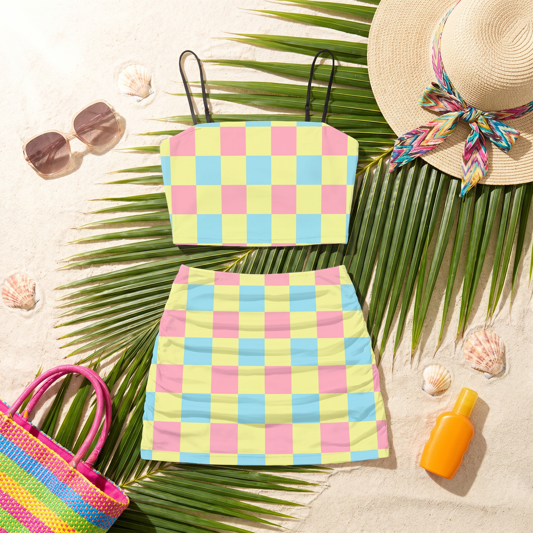Retro Green Orange Yellow Checkerboard Co Ord Set - Women&