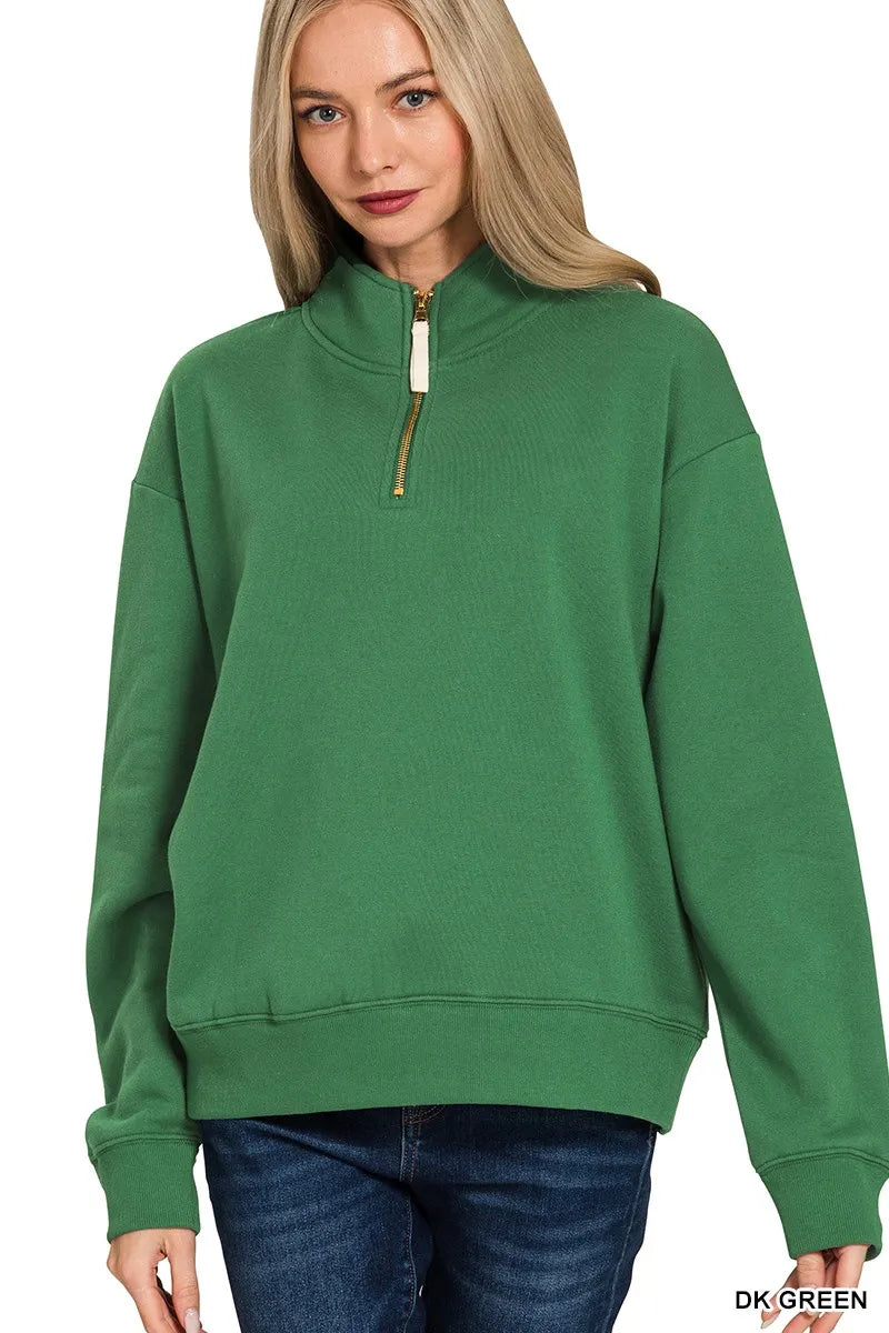 Dark green fleece half-zip sweatshirt with stand collar and front zipper