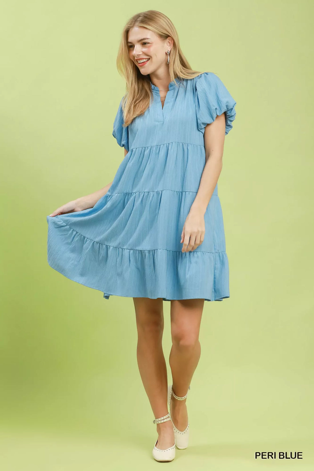 Peri blue tiered babydoll dress with puff sleeves and V-neck, above-knee length