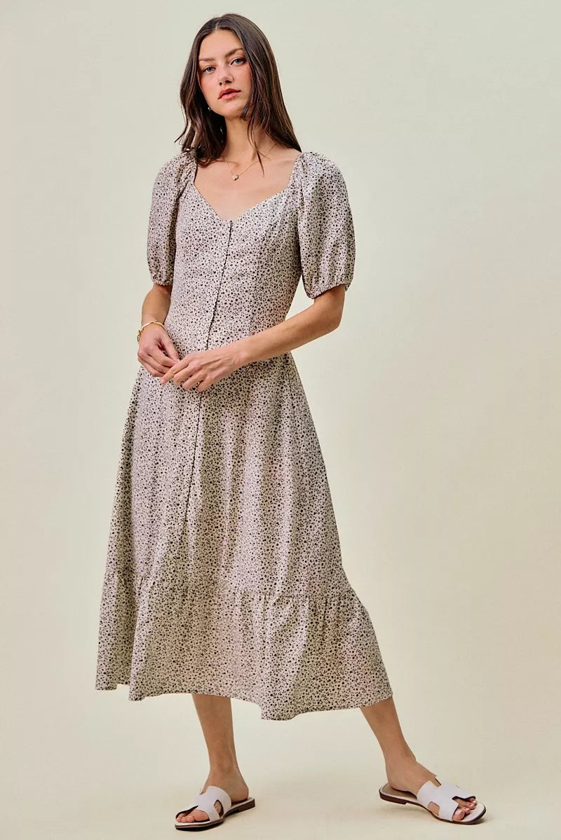 Ditsy floral midi dress, square neckline, puff sleeves, elastic waist, self belt tie