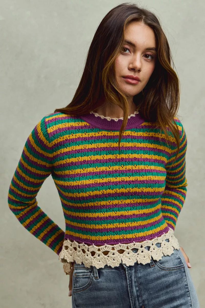 Multicolor striped cropped knit top with scalloped crochet trim at hem and cuffs