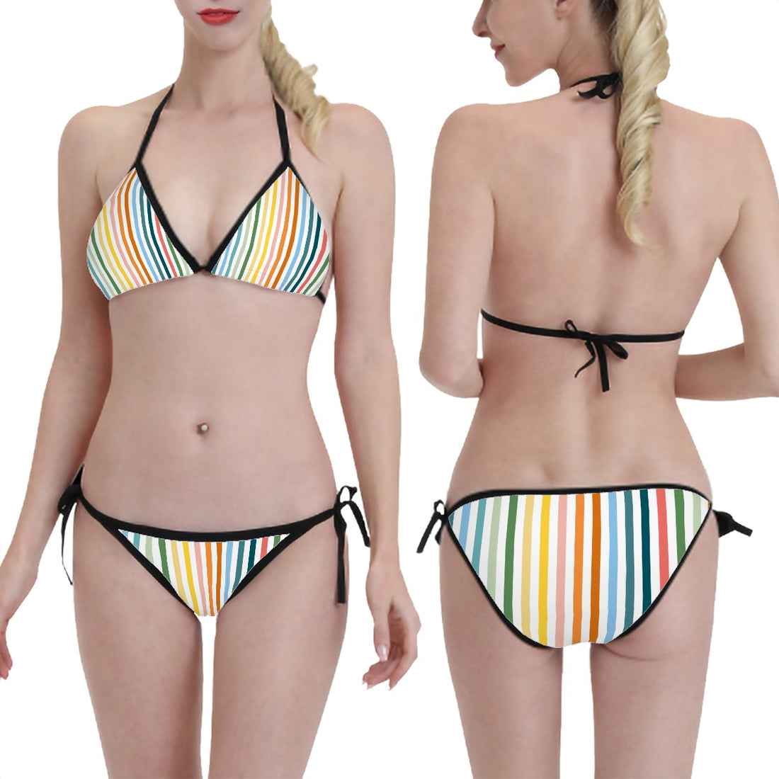 Triangle Bikini Set Multi Colour Pinstripe Print Adjustable Swimwear