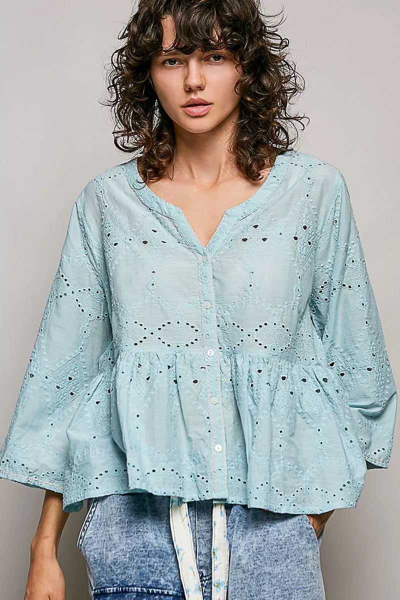Aqua cotton eyelet peplum button-front shirt with V-neck and long sleeves