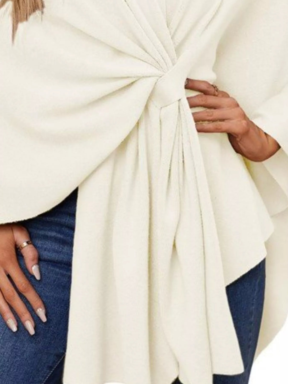 Ivory shawl cape gathered front tie with pleats and knot detail