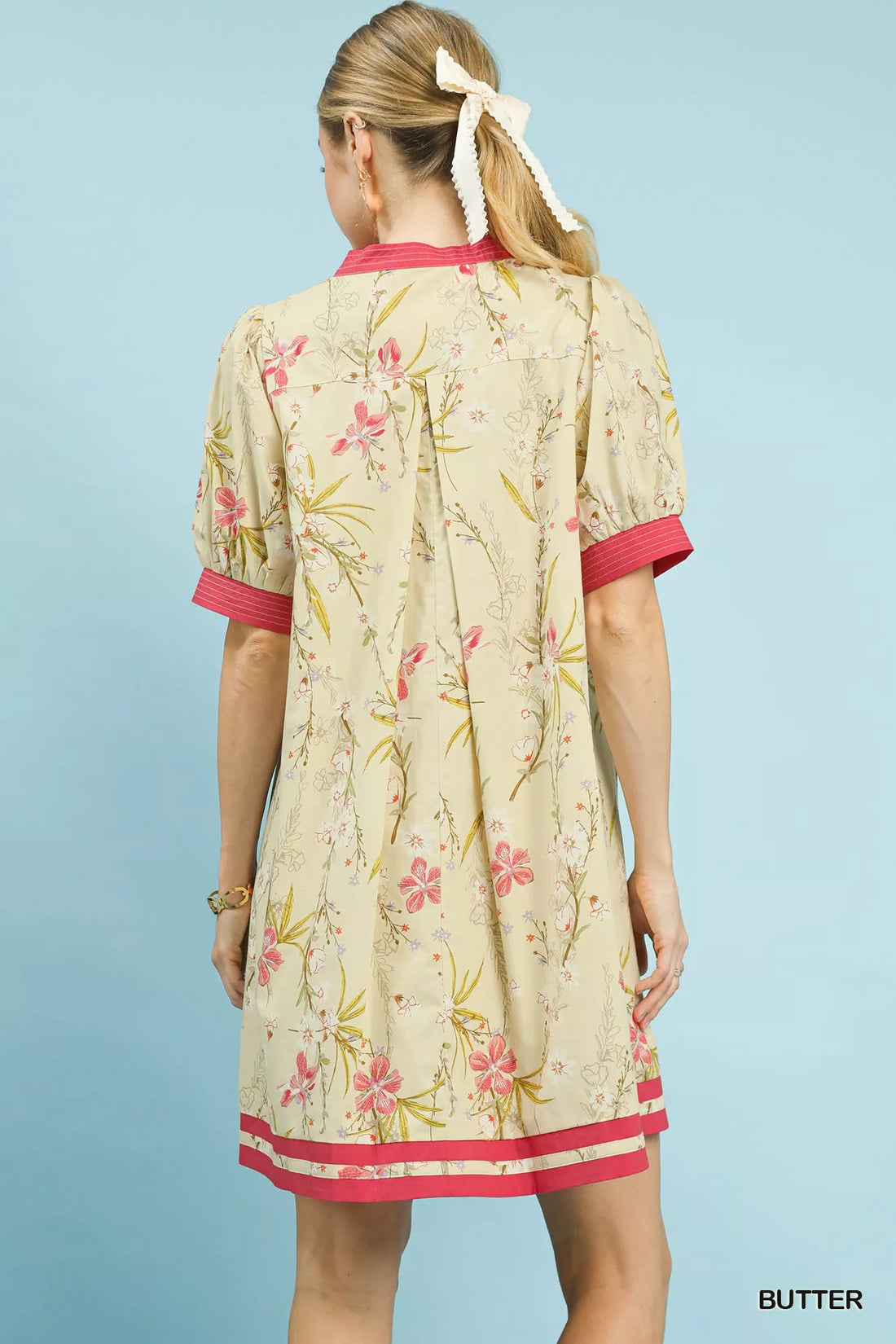 Floral puff-sleeve dress with pink back yoke and contrast hem trim, butter-yellow
