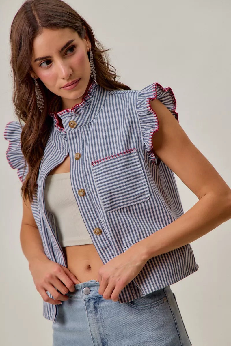 Ruffled sleeveless striped vest top with red-trim accents, front pockets, button closure